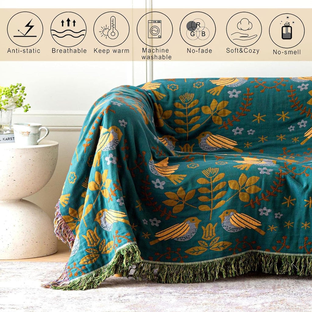 MSGKV Boho Throw Blanket 50"x60" Cotton Blanket for Couch and Sofa Cover for Living Room Spring Throw Decorative Woven Bird Blankets