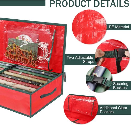 Gift Wrap Organizer by Holiday Essentials - Durable Plastic Storage Bags for Christmas Supplies | Red