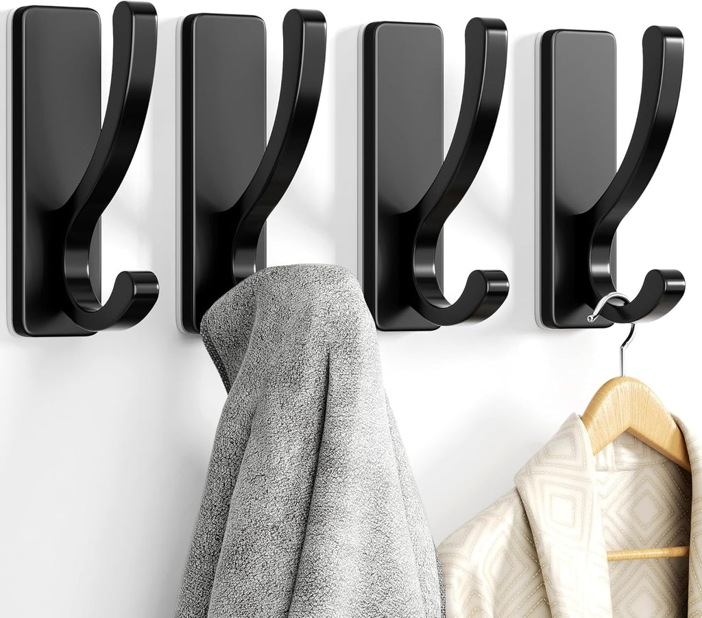 Pickpiff Adhesive Wall Hooks - Heavy Duty Sticky Hooks for Towels & Coats | No Damage, Black 4 Pack