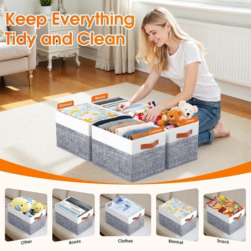 Fab Totes Collapsible Storage Baskets - 4 Pack Foldable Fabric Bins with Leather Handles | 14"x10" for Organizing Books & Clothes in White & Grey