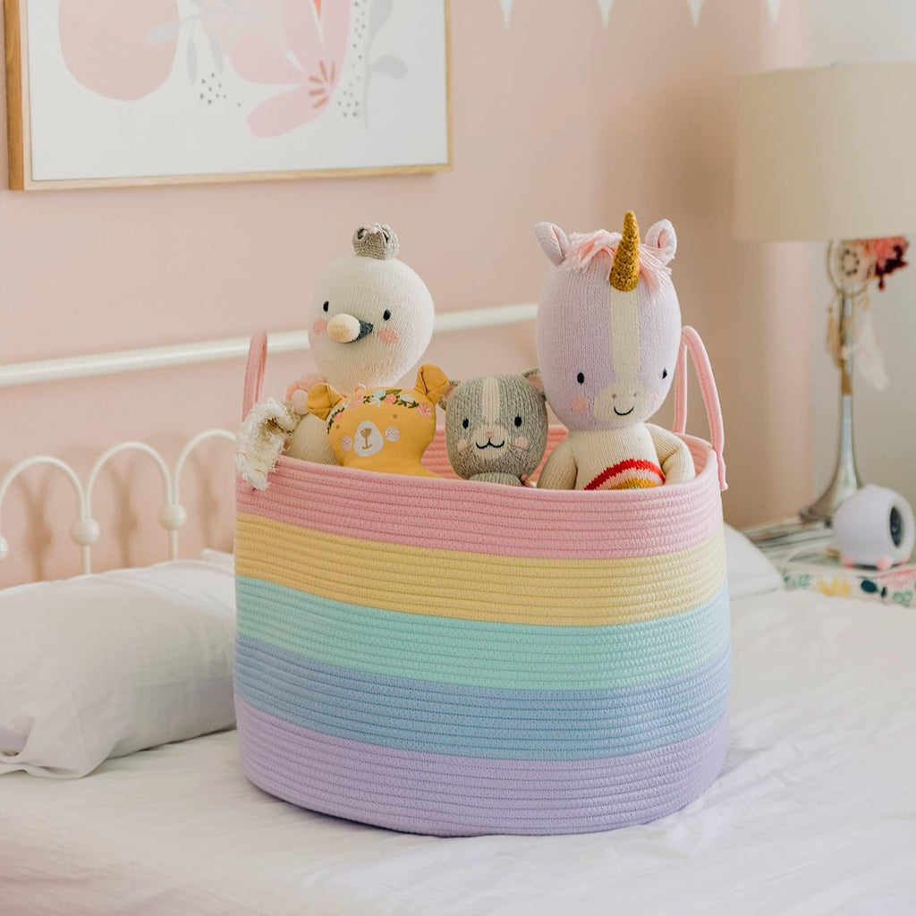 OrganiHaus Rainbow Blanket Basket - Extra Large Woven Laundry & Toy Storage Bin | 20"x13" Soft Round Design