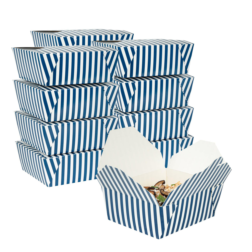Restaurantware-Bio Tek 6.7 x 5.5 x 2.6 Inch Food Containers, 200 Durable Takeaway Boxes - Disposable, Striped, Blue And White Paper 45 Ounce Takeout Boxes, Rectangle, For Takeouts And Delivery