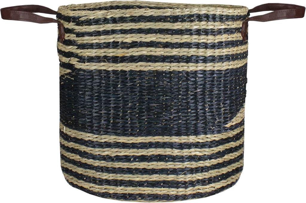 Skiennix 15" Beige & Black Woven Seagrass Basket - Stylish Storage Solution with Handles