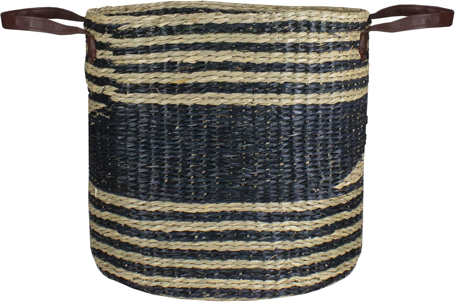 Skiennix 15" Beige & Black Woven Seagrass Basket - Stylish Storage Solution with Handles