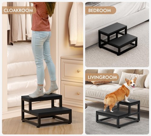 Two-Step Stool for Adults & Kids, Waterproof HDPE Bed Step with Adjustable Non-Slip Feet, Sturdy Metal Frame for Kitchen, Bathroom, Bedroom, RV & Outdoor Use, Black