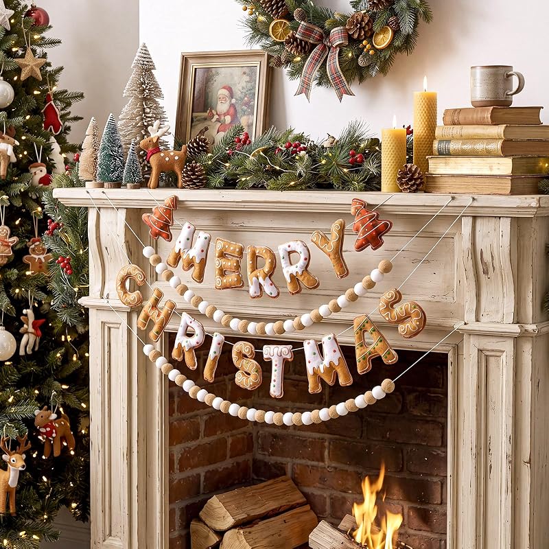 4pcs Felt Merry Christmas Banner - Gingerbread Man Pom Pom Garland, Variation: 4+Gingerbread Man