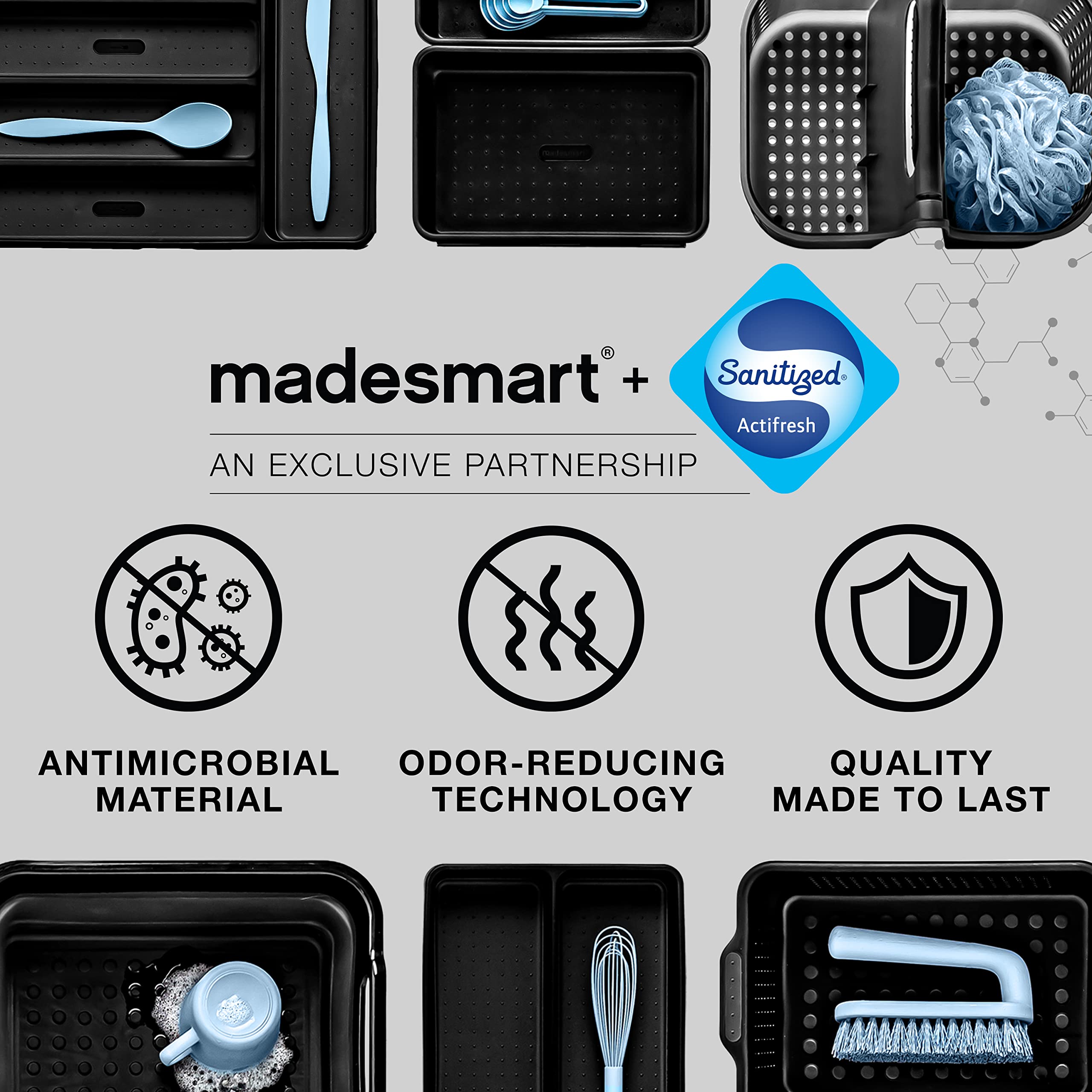 madesmart 3 Compartment Premium Utensil Tray, Multi Purpose Storage Organizer, Non Slip Lining, Deep Storage for Ladles, Whisks & Serving Tools, for Drawers & Home Organization, White