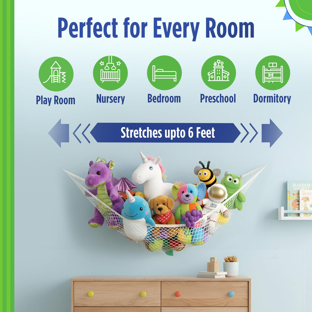 Baby Buddy Stuffed Animal Hammock Storage Net - Corner Space-Saving Toy Organizer for Nursery and Kids Bedroom Organization, Holds 25 Pounds, Easy Wall Mount, White