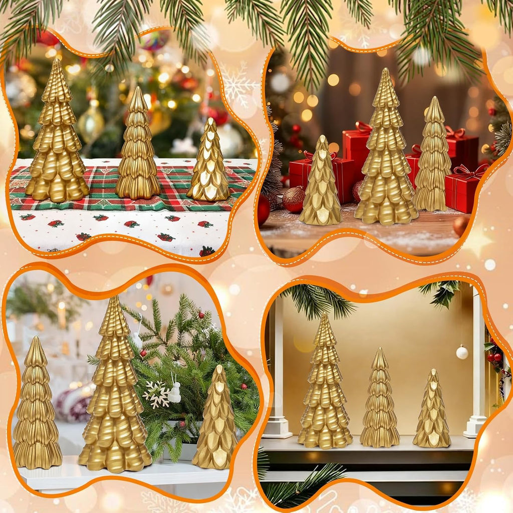 Warmtree Gold Christmas Tree Figurines Set - 3 Pcs Small Resin Tabletop Decor for Indoor Holiday Home Styling