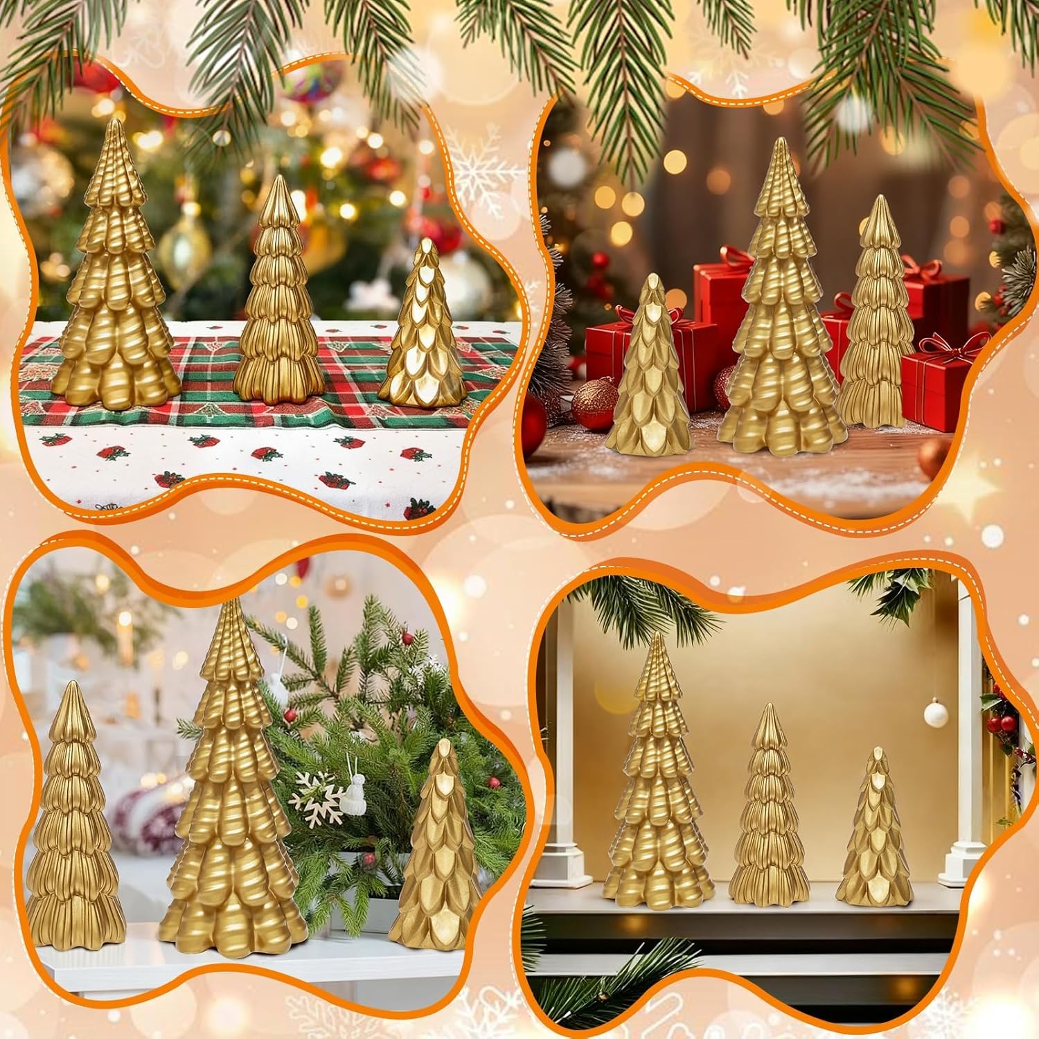 Warmtree Gold Christmas Tree Figurines Set - 3 Pcs Small Resin Tabletop Decor for Indoor Holiday Home Styling