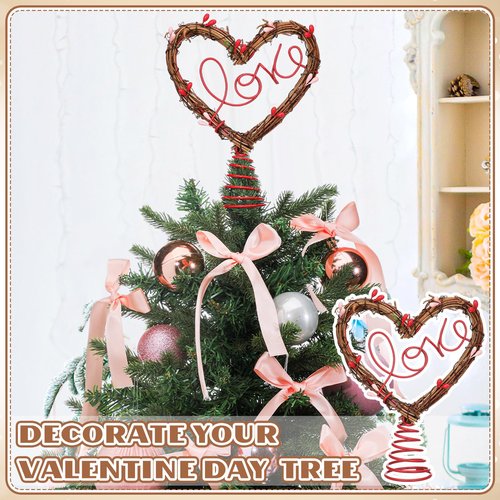 Gejoy 7 Inch Valentine Tree Topper Heart Tree Topper Rustic Rattan Treetop Valentines Love Wreath Decor with Red Pink Berry Heart for Valentines Wedding Holiday Party Wall Home Front Door Decor