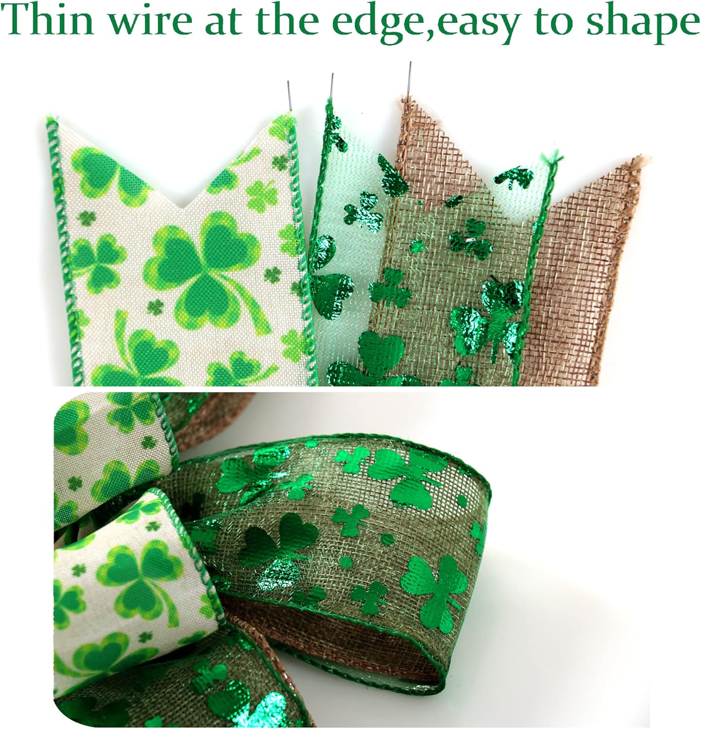 Skiennix St. Patrick's Day Bow - Large Burlap White & Green Glitter Shamrock Wreath Decoration