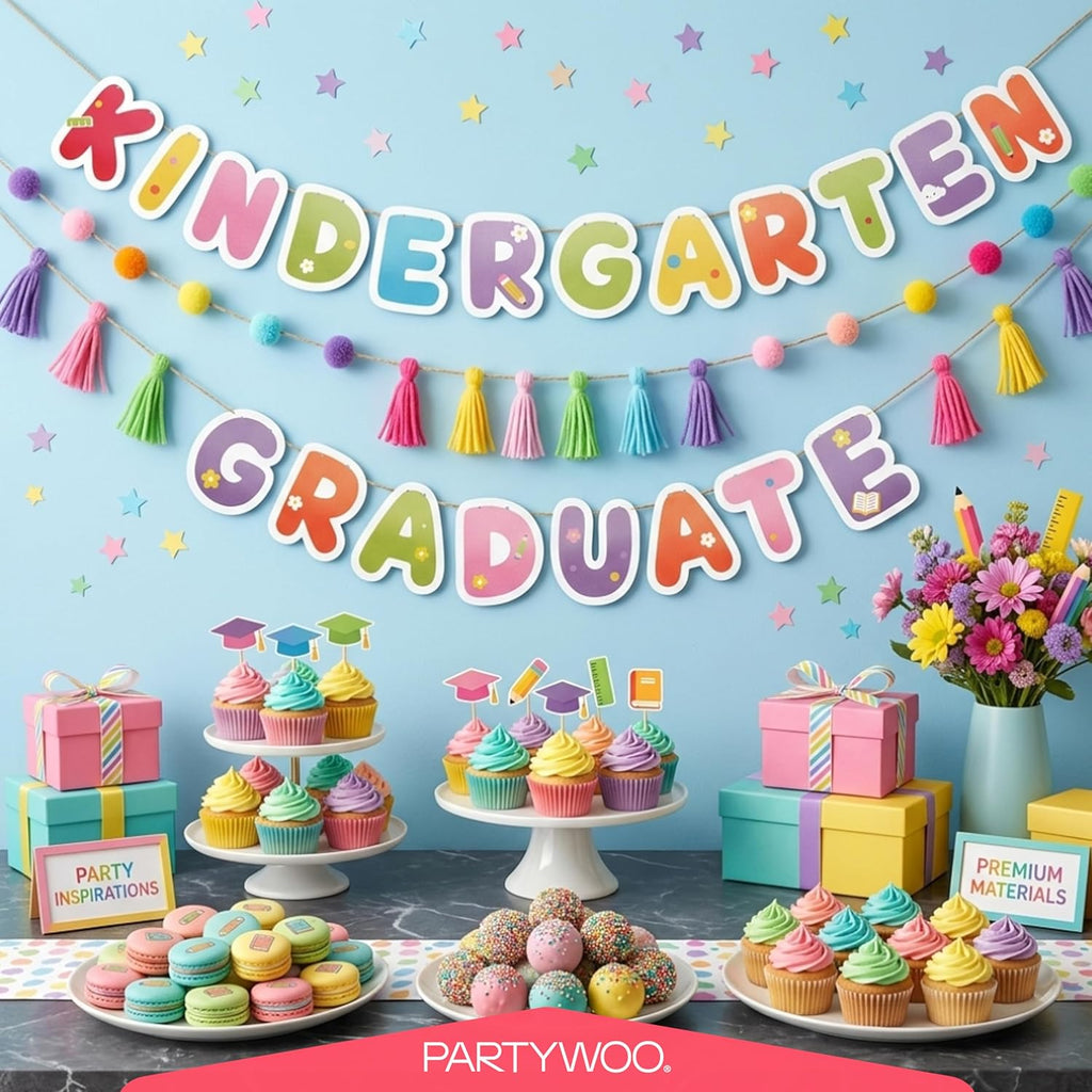 PartyWoo Graduation Decorations 2026 - Colorful Rainbow Party Supplies with Backdrop, Balloons & Centerpieces