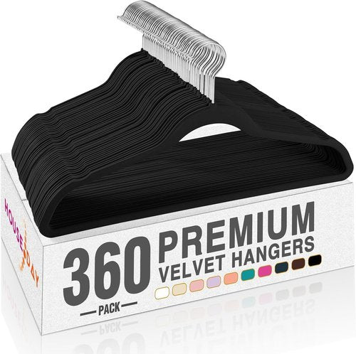 HOUSE DAY Black Velvet Hangers - 360 Pack Premium Non-Slip Felt Clothes Hangers for Space Saving & Durability