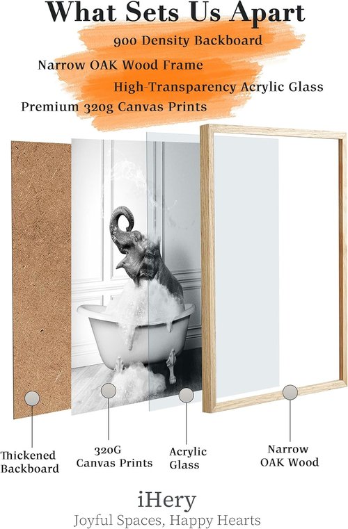 iHery Natural Oak Wood Framed Wall Art - Funny Elephant Bathing Canvas Print | 12x16 Inch Black & White Decor