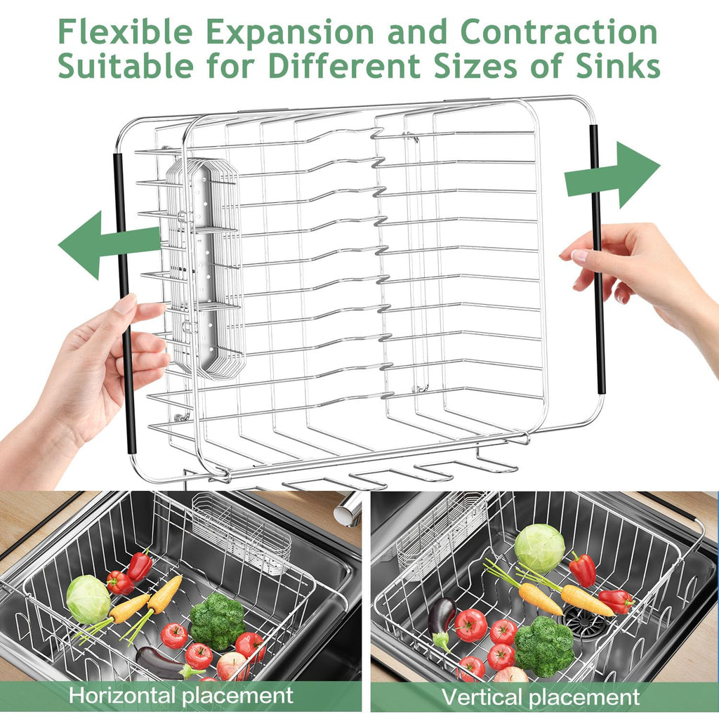 Fanbsy Dish Drying Rack in Sink, Extendable Stainless Steel Dish Drainers for Kitchen Counter, Anti-Rust Dish Dryer Rack with Utensil & Cup Holders, for Inside Sink, Over The Sink