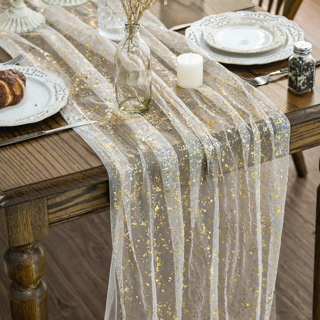 Artoid Mode Beige Gold Gauze Table Runner 120 Inch 10Pcs, Glitter Metallic Foil Sheer Dining Wedding Anniversary Holiday Birthday Table Decor for Home Party