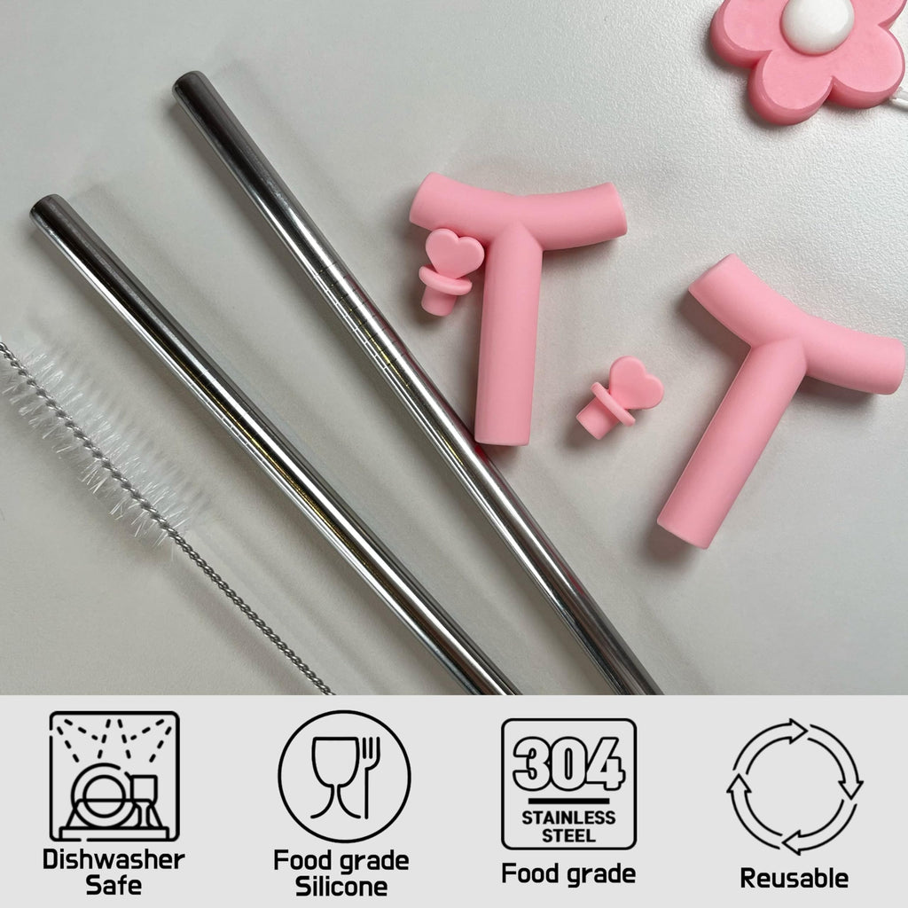 The Best MOON Anti Wrinkle Straw Pink Silicone Cover tips and heart Toppers for Stanley 40 oz & 30 oz Tumblers - Metal Straws Reusable Wrinkle Free Extra Long 2-Pack with Cleaning Brush