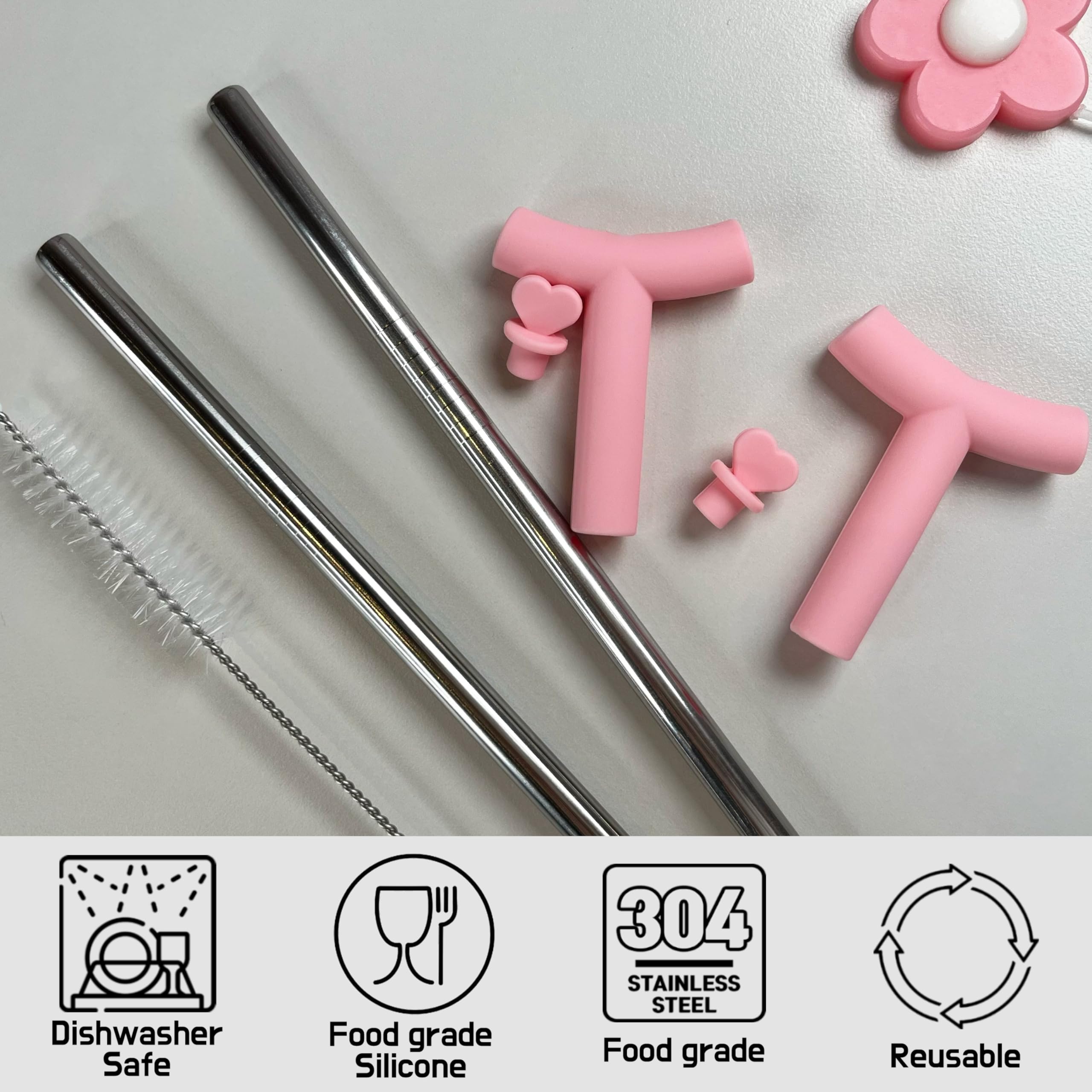 The Best MOON Anti Wrinkle Straw Pink Silicone Cover tips and heart Toppers for Stanley 40 oz & 30 oz Tumblers - Metal Straws Reusable Wrinkle Free Extra Long 2-Pack with Cleaning Brush