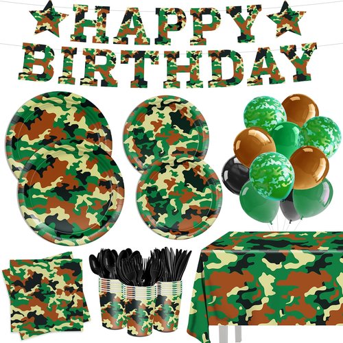 206pcs Camo Party Decorations Paper Plates Napkins Camouflage Tableware Set Disposable Cups Forks Knives Spoons with Camo Tablecloth Banner for Boy Camouflage Hunting Military Birthday Party Supplies