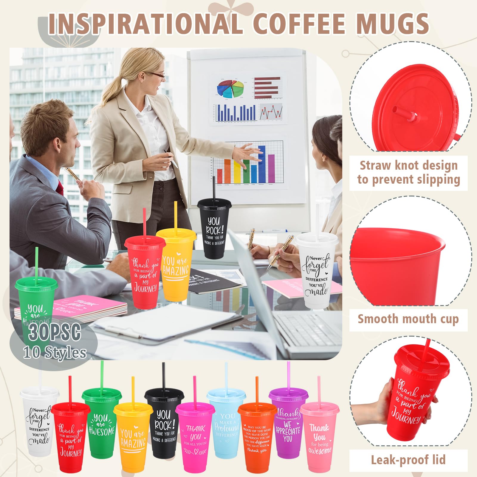 Widecook 181 Pcs Employee Appreciation Gifts 24 oz Inspirational Plastic Cups with Lid and Straw Notebooks Ballpoint Pens Keychains PVC Gift Bags Thank You Supplies for Teacher Coworker Staff(Classic)