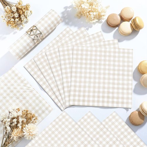 NatNarr 80 Pcs Gingham Napkins, 6.5X6.5 Inch Light Brown Napkins Disposable Beige and White Plaid Napkin for Bridal Baby Shower, Wedding, Picnic