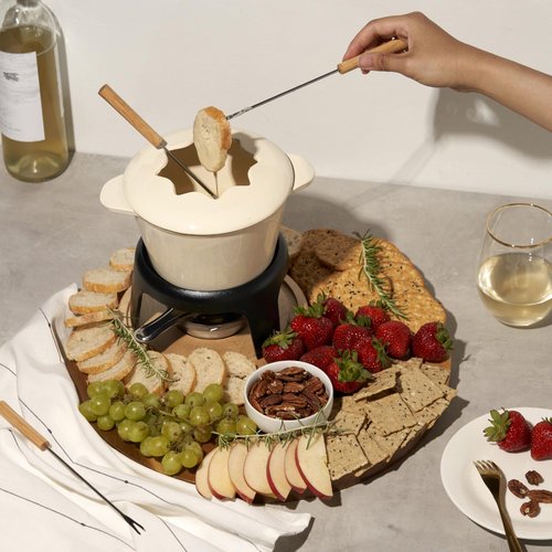 Twine Cast Iron Fondue Set with Metal Stand and Forks, Chocolate Melting Pot, Cheese Fondue Kit Set, Hosting Essentials 8.5", Off-Cream