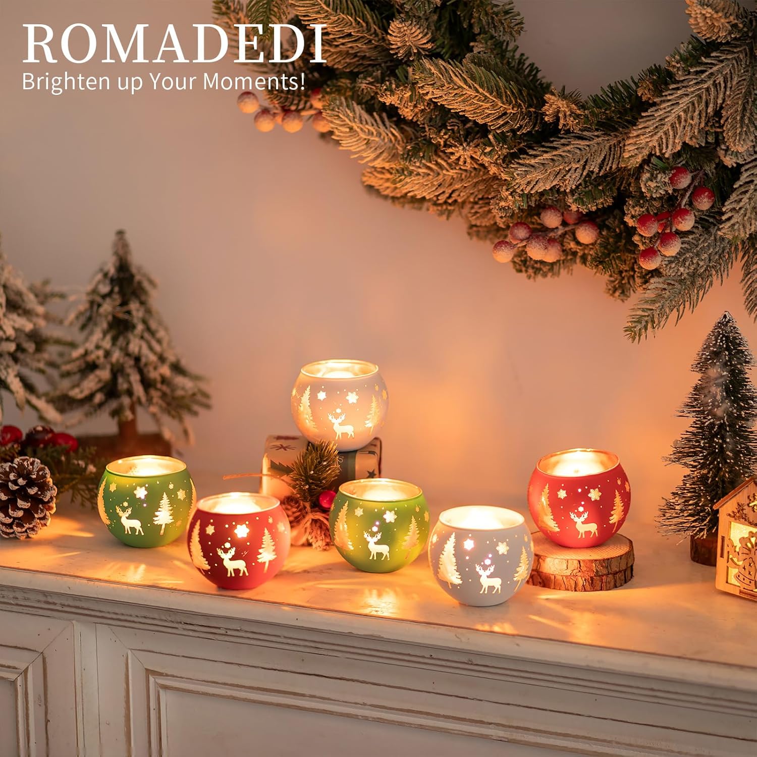 Romadedi Votive Candle Holders - Set of 6 Colorful Glass Tealight Holders for Christmas Decor | Holiday Centerpiece