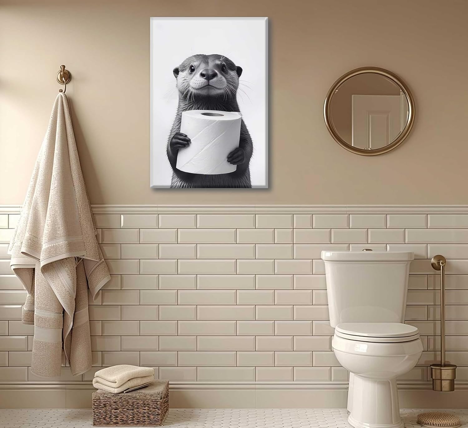 Regine Switzerland Funny Raccoon Canvas Wall Art - Black & White Farmhouse Bathroom Decor