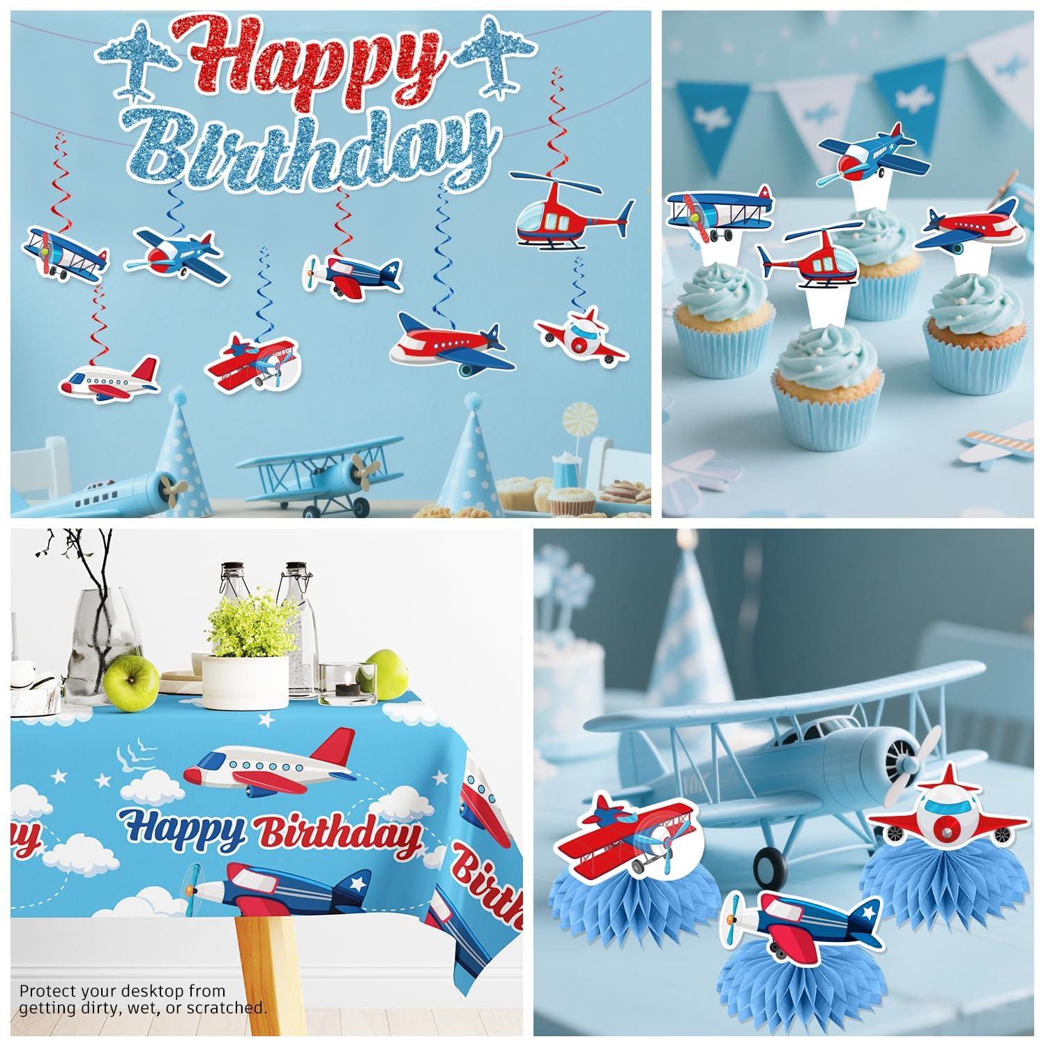 212 Pcs Airplane Birthday Party Decorations, Airplanes Party Banner Balloons Blue Sky and Red Paper Plates Napkins Set with 2 Pcs Airplane Table Cloth Airplane Flight Plane Themed Decorations