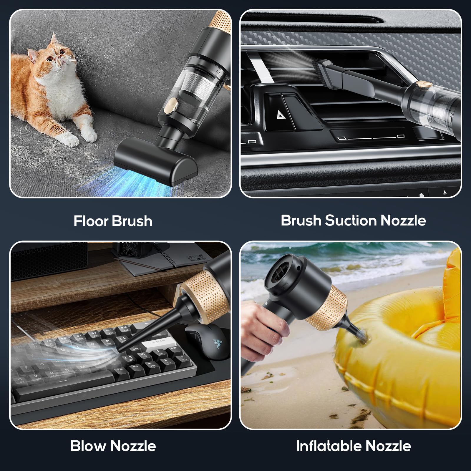 Dealswin Handheld Vacuum Cleaner Cordless, 4 in 1 Car Vacuum Cleaner Portable Air Duster with LED Light Multi-Nozzles 15000Pa Hand held Vacuum for Car Home Office Pet (Black)
