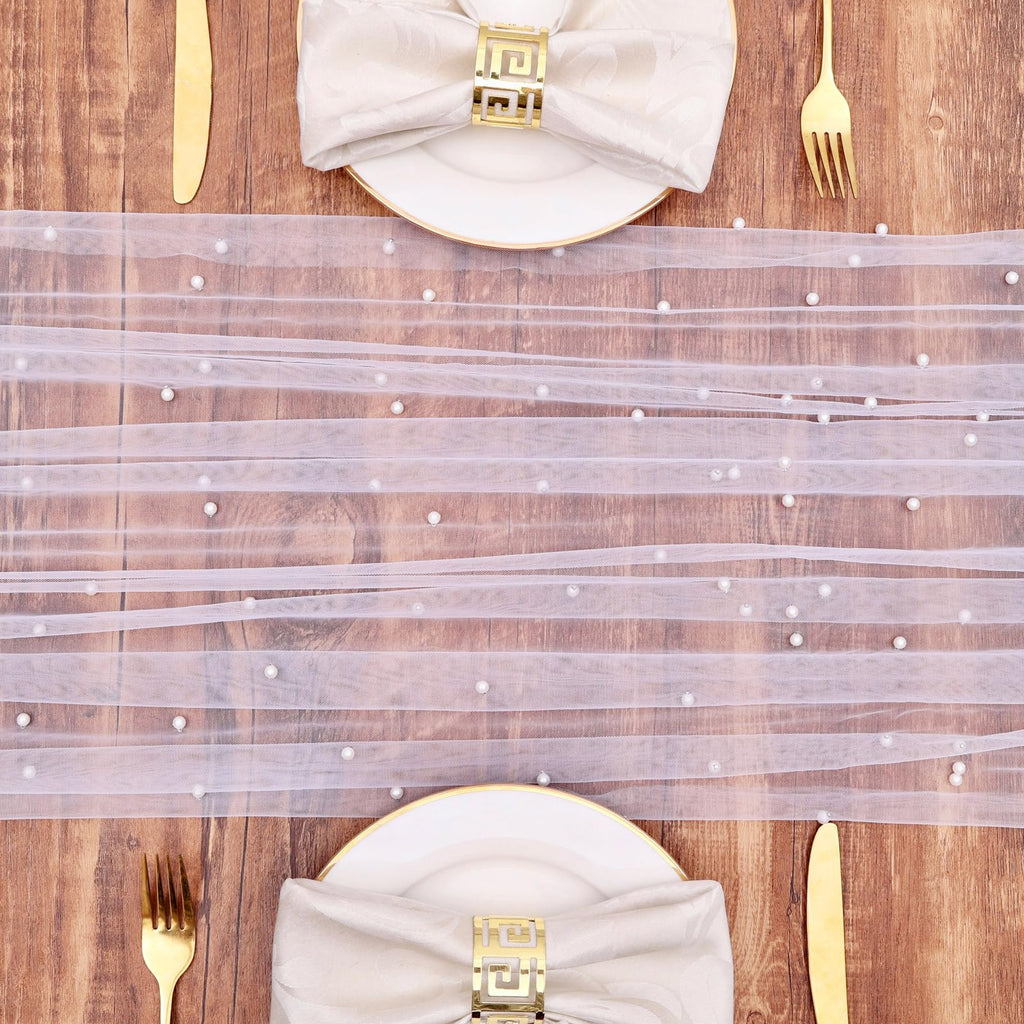 TuTive Gauze White Pearl Table Runner 10FT Sheer Spring Summer Pearl 120 Inch Valentine’s Day Tulle Table Runner for Dining Anniversary Wedding Table Decor for Home Party Decorations
