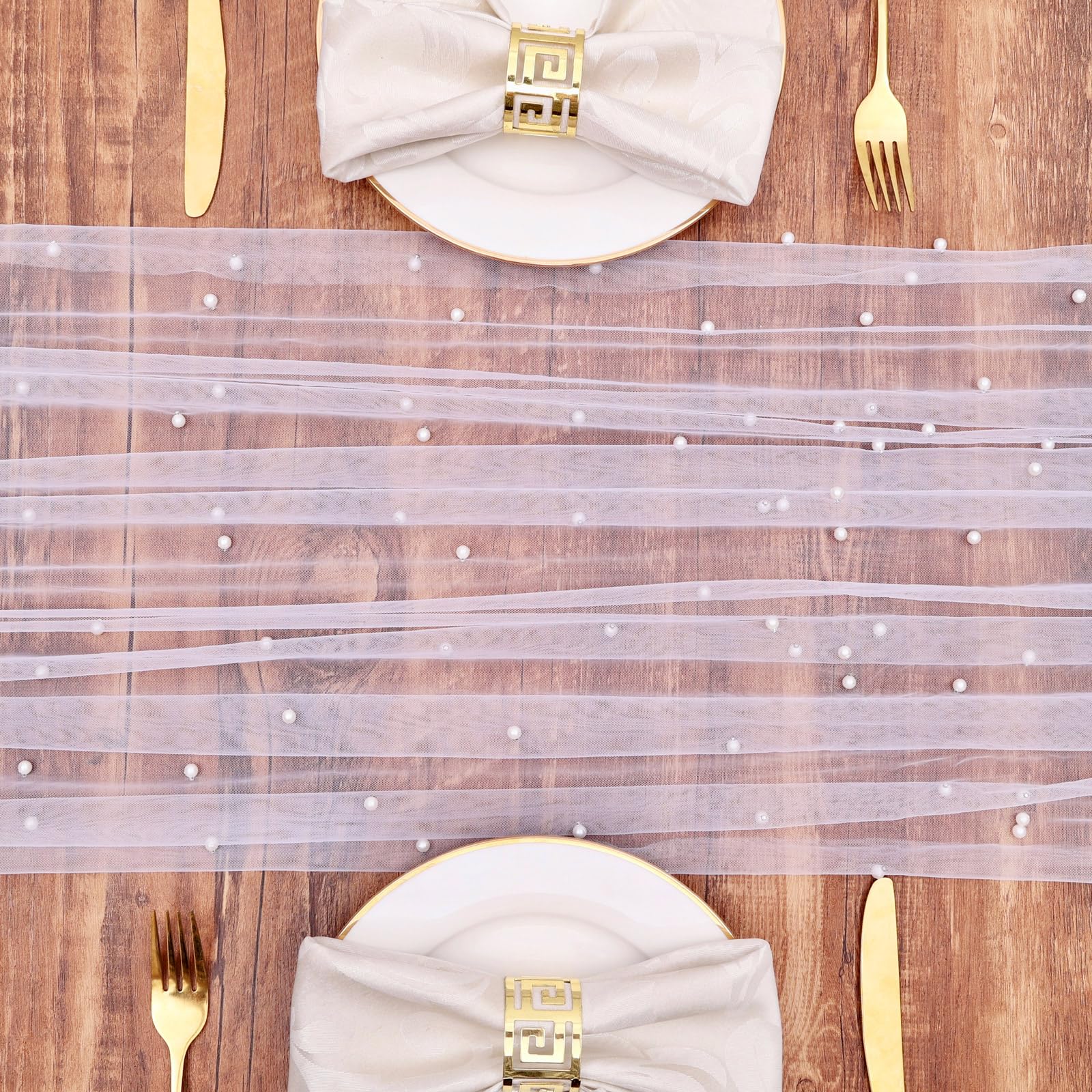 TuTive Gauze White Pearl Table Runner 10FT Sheer Spring Summer Pearl 120 Inch Valentine’s Day Tulle Table Runner for Dining Anniversary Wedding Table Decor for Home Party Decorations