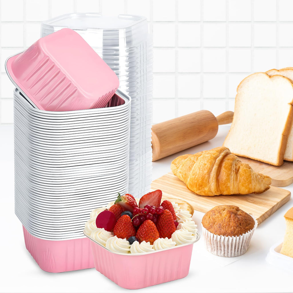 ylnurac 100Pack 5oz Pink Mini Cake Pans with Lids Baking Cups Aluminum Foil Pans Tins, Individual Dessert Cups Containers for Sales,Party,Picnics
