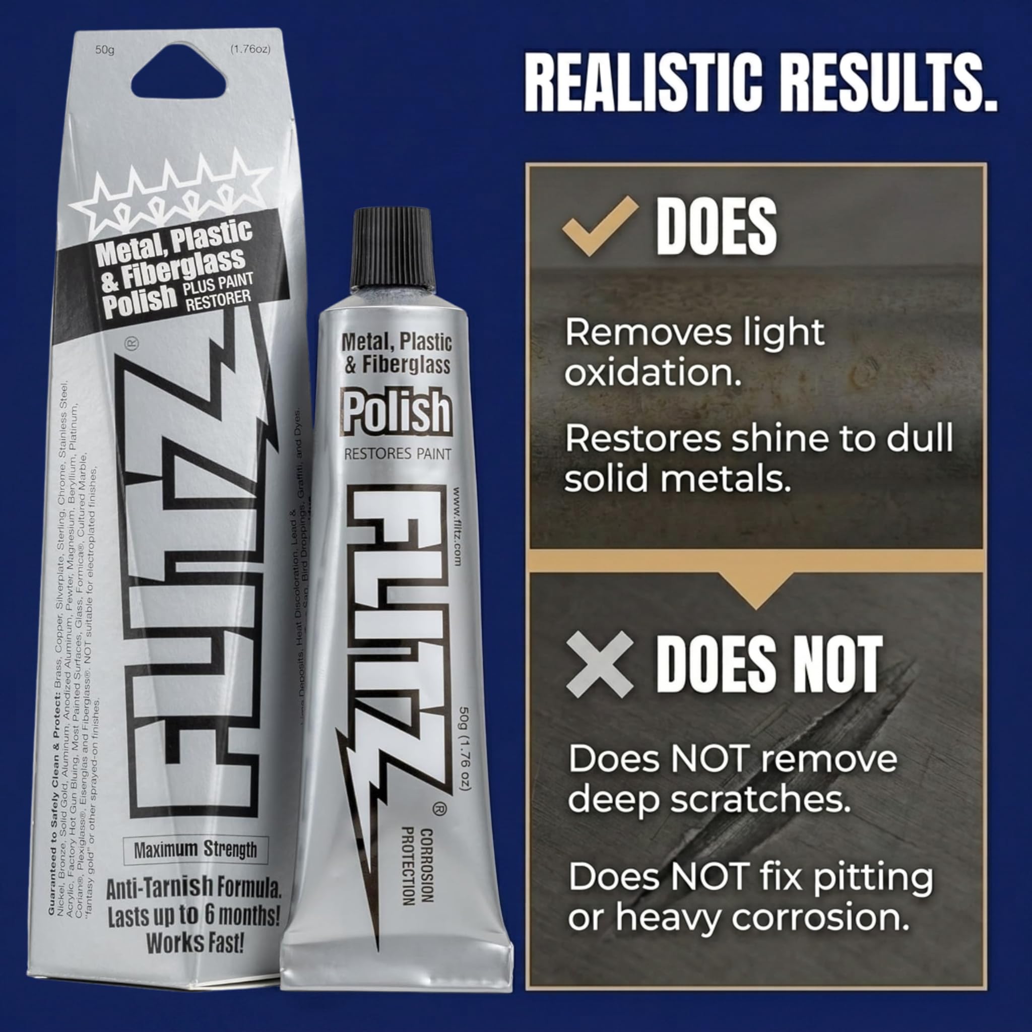 Flitz Metal Polish Paste - 1.76oz USA-Made Polish for Solid Chrome, Stainless Steel, & Aluminum - Non-Abrasive for Light Oxidation - Requires Manual Buffing - Not for Plated/Coated Surfaces (1 Pack)