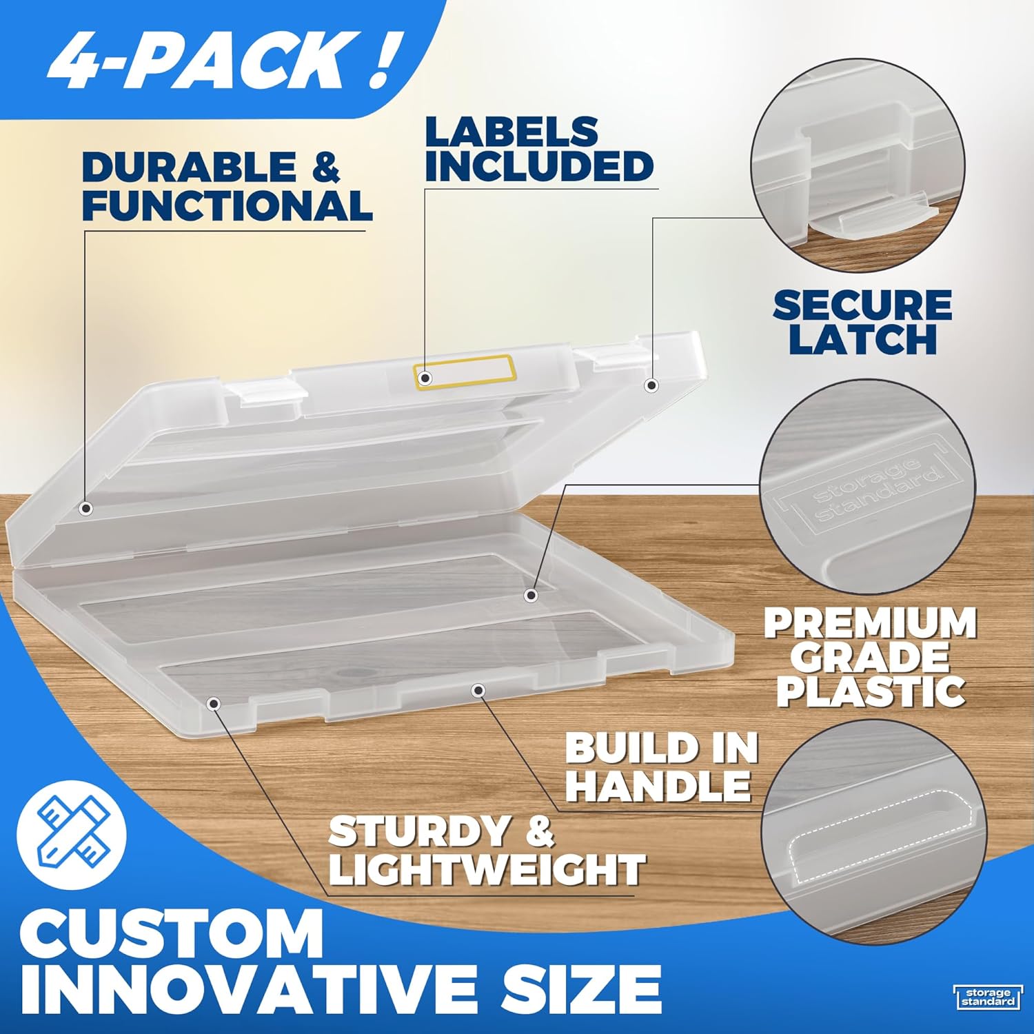 Skiennix 4-Pack Art & Craft Organizer Storage Case - Semi-Transparent Stackable Plastic Containers | Custom Fit for 8.5 x 11 Paper, 12.4 x 10.8 x 1.7 In