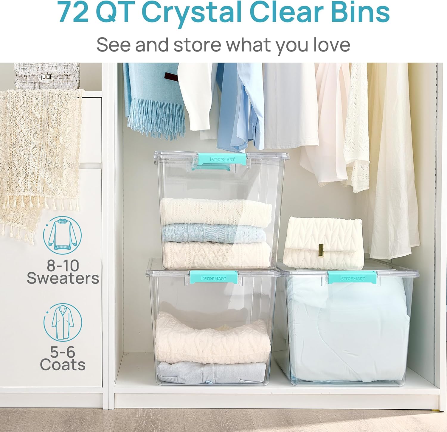 Vtopmart 72 QT Crystal Clear Storage Bins - 2 Pack Stackable Latching Containers for Closet & Bedroom Organization