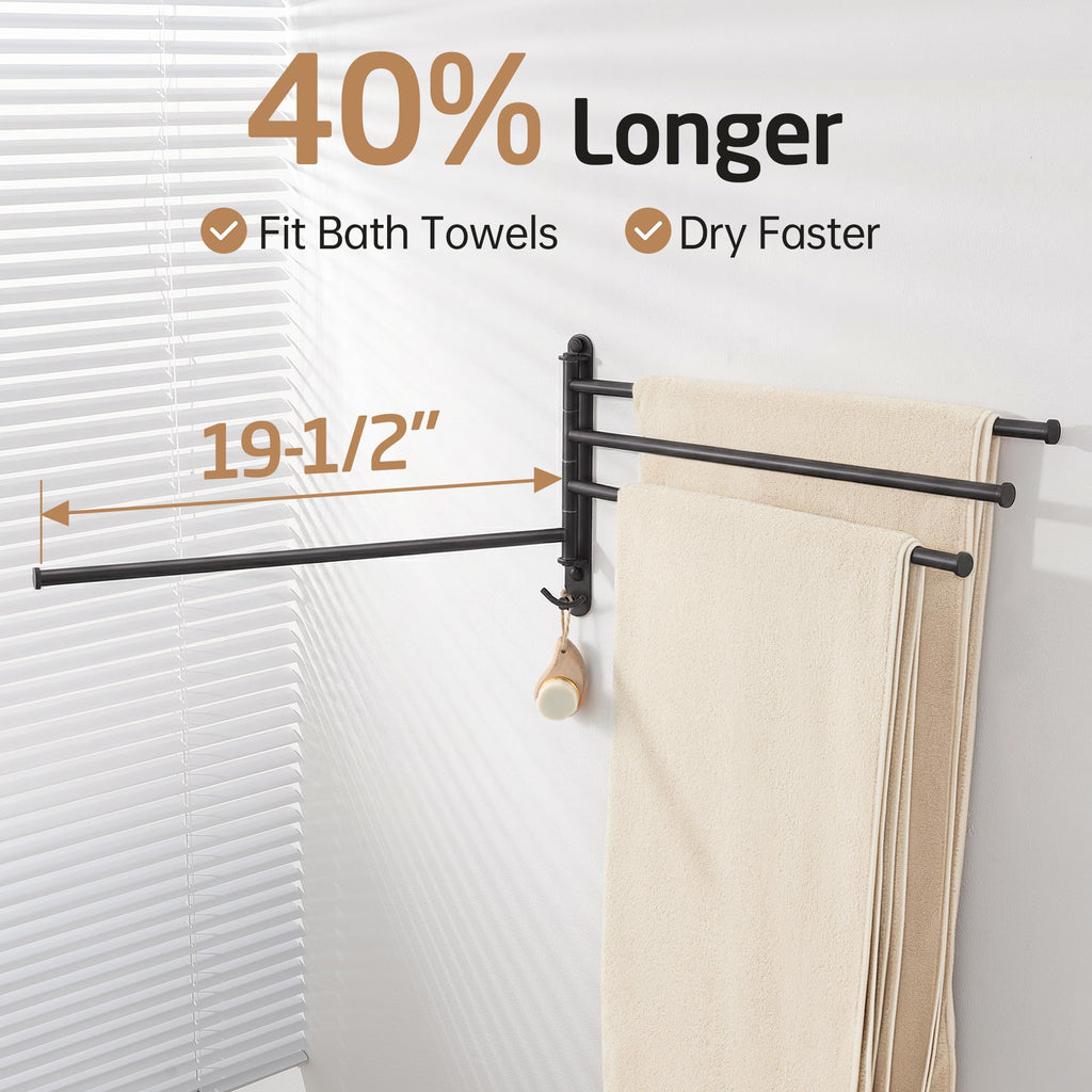 KES Extra Long 19.5" Swivel Towel Rack, Black Swing Arm Towel Bar 4-Arm, Swing Out Towel Rack for Bathroom Wall, Hand Towel Racks Wall Mounted 18/8 Stainless Steel Matte Black, A2103S4L50-BK
