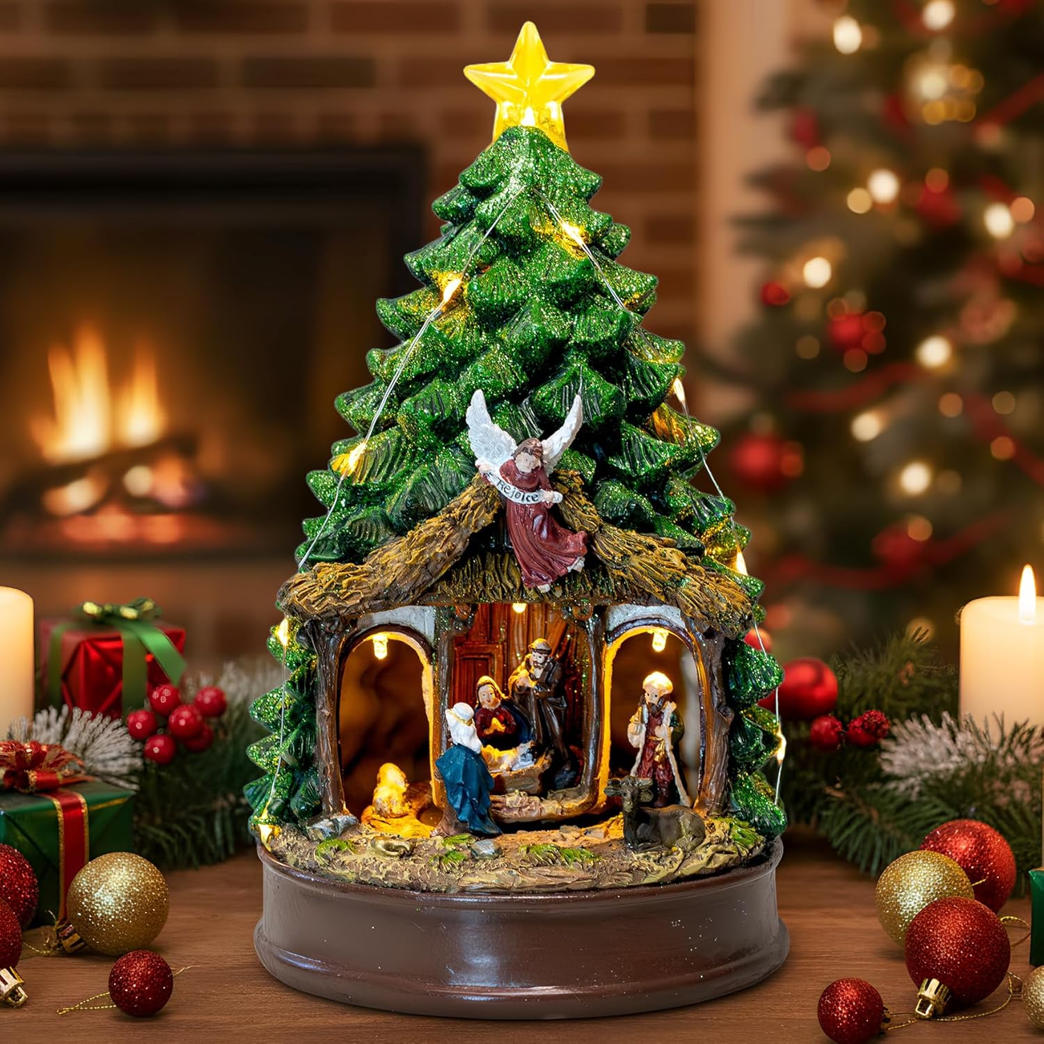 Regine Switzerland Christmas Tree Nativity Scene - Animated & Musical LED Lights | Festive Home Decor
