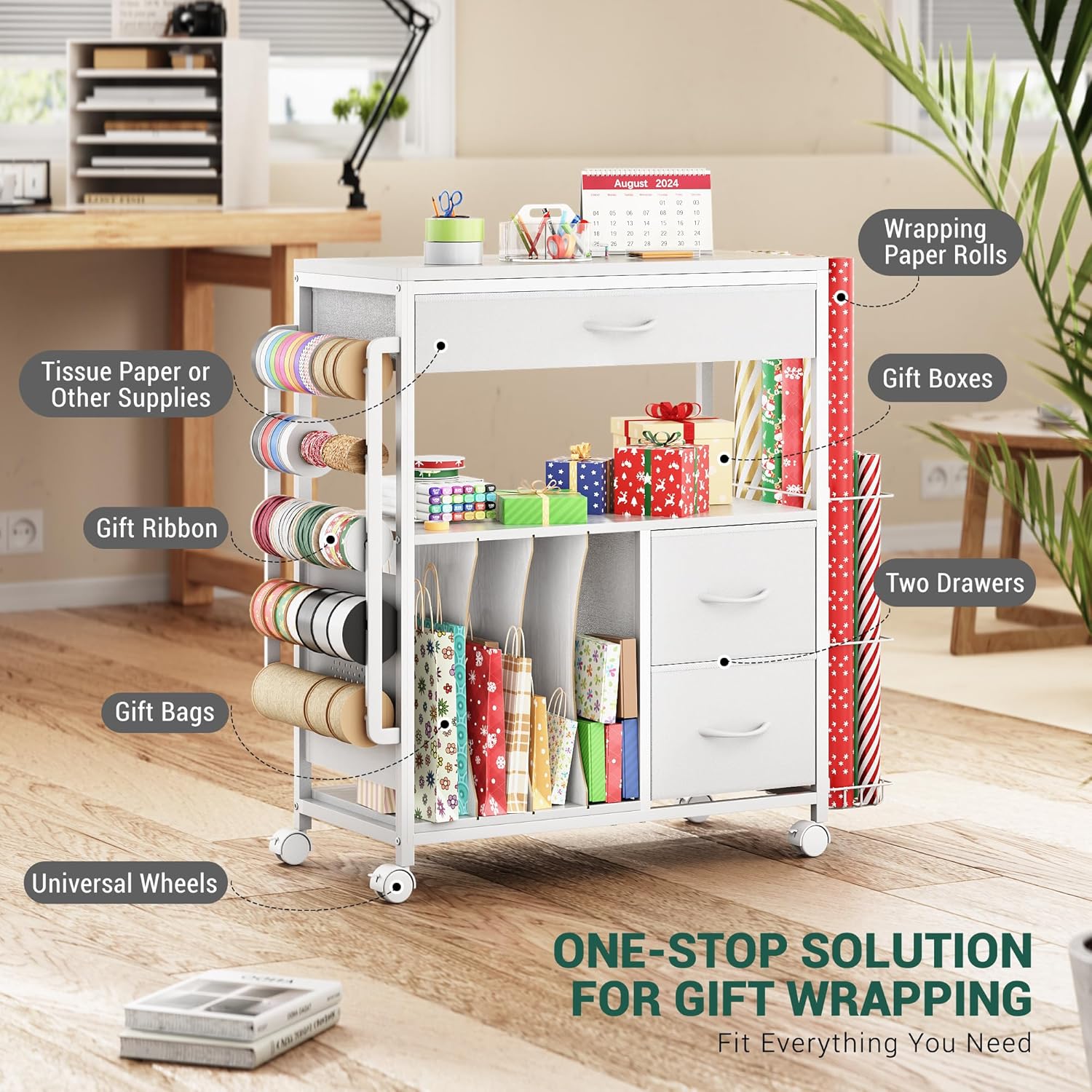 PUNLUXU Wrapping Paper Storage Cart - Rolling Gift Wrap Organizer with Ribbon & Bag Storage | Patent Protected Design