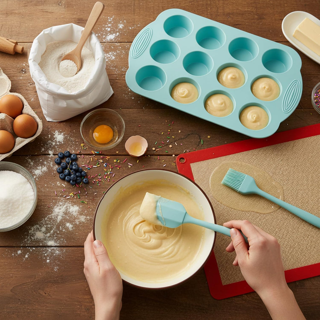 Skiennix 25 PCS Silicone Baking Pans Set - Nonstick Bakeware with Round/Square Cake Pans & Muffin Cups