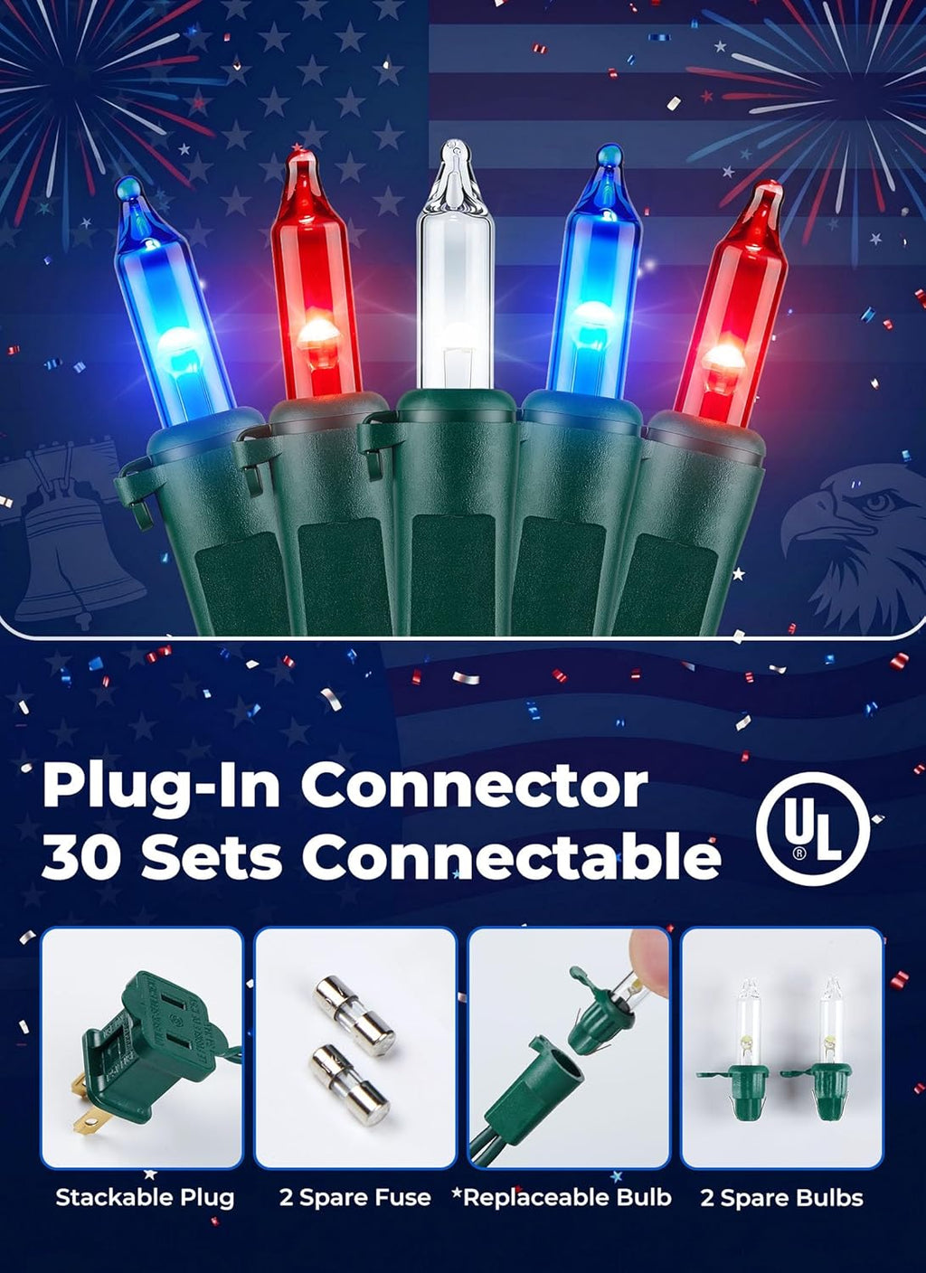 Minetom LED Christmas String Lights - 100 Count, 22 Feet Waterproof Mini Lights for Patriotic 4th of July Decor