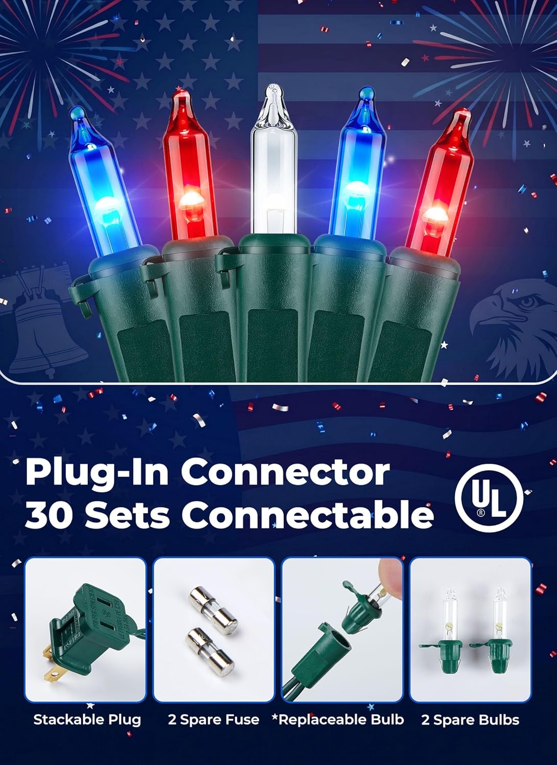 Minetom LED Christmas String Lights - 100 Count, 22 Feet Waterproof Mini Lights for Patriotic 4th of July Decor