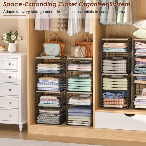Hencawima 4-Tier Stackable Closet Organizers and Storage, Closet Shelves with Adjustable Dividers & Wood Top Extra Storage, Clothes Storage Basket Bins for Wardrobe, Closet Organizer System, Black