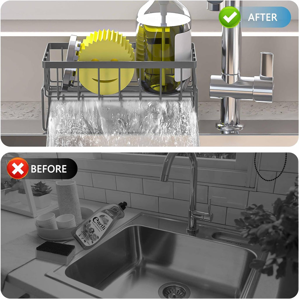 Skiennix Sponge Holder - Rustproof Stainless Steel Sink Caddy Organizer | Self-Draining Grey Design