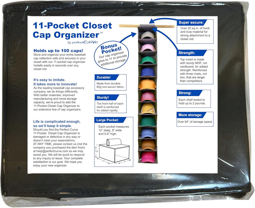 Perfect Curve 11-Pocket Baseball Hat Organizer - Gray Hat Storage Rack for Closet, Holds 100 Caps