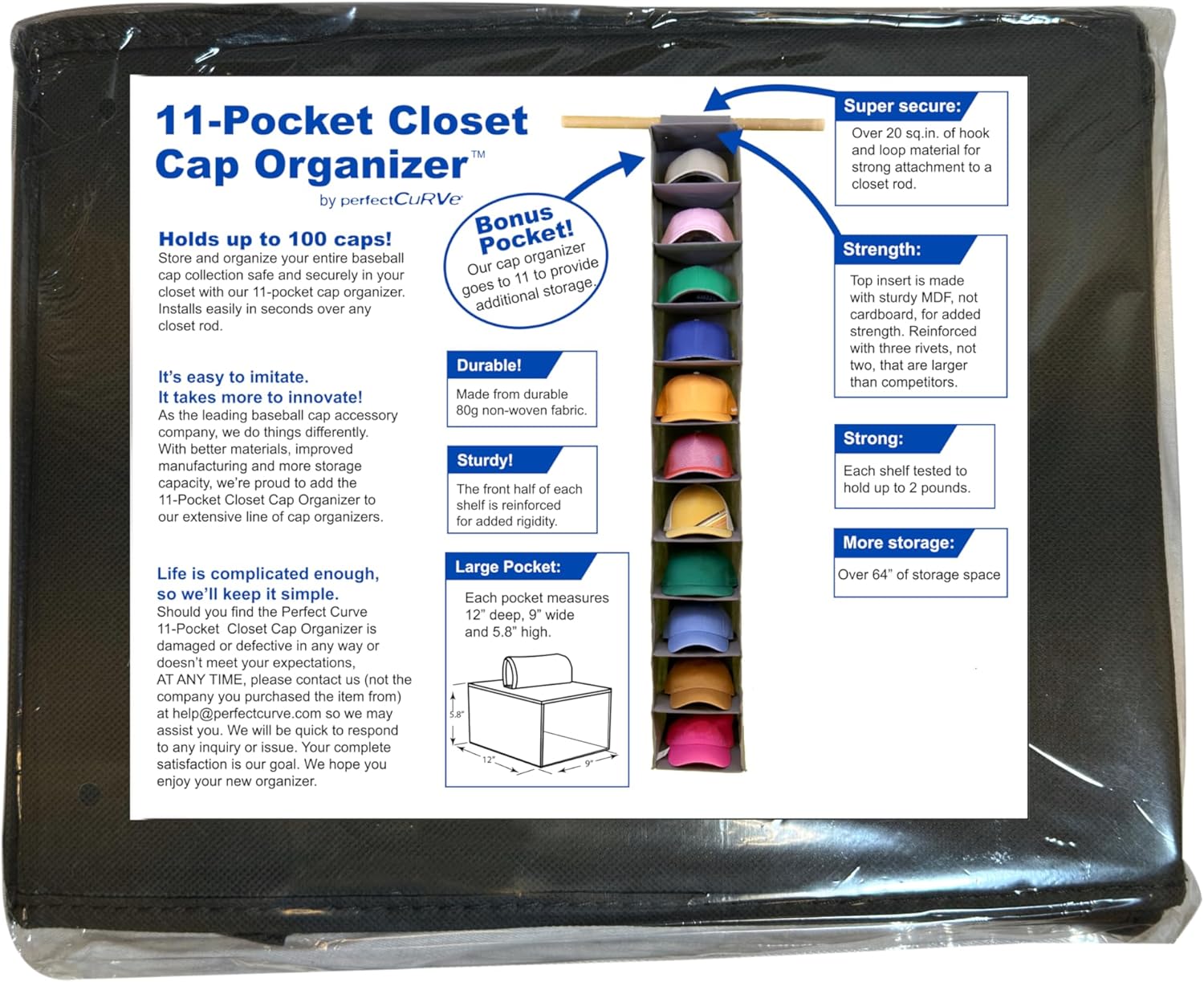 Perfect Curve 11-Pocket Baseball Hat Organizer - Gray Hat Storage Rack for Closet, Holds 100 Caps