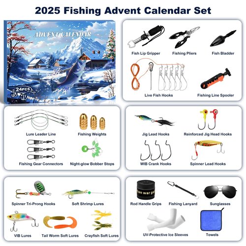 Fishing Advent Calendar 2026, 24 Days Christmas Countdown Calendar Fishing Lures Set with Soft/Hard Lures and Tools, Surprise Gifts for Men Adult Teen Boys Fish Lovers