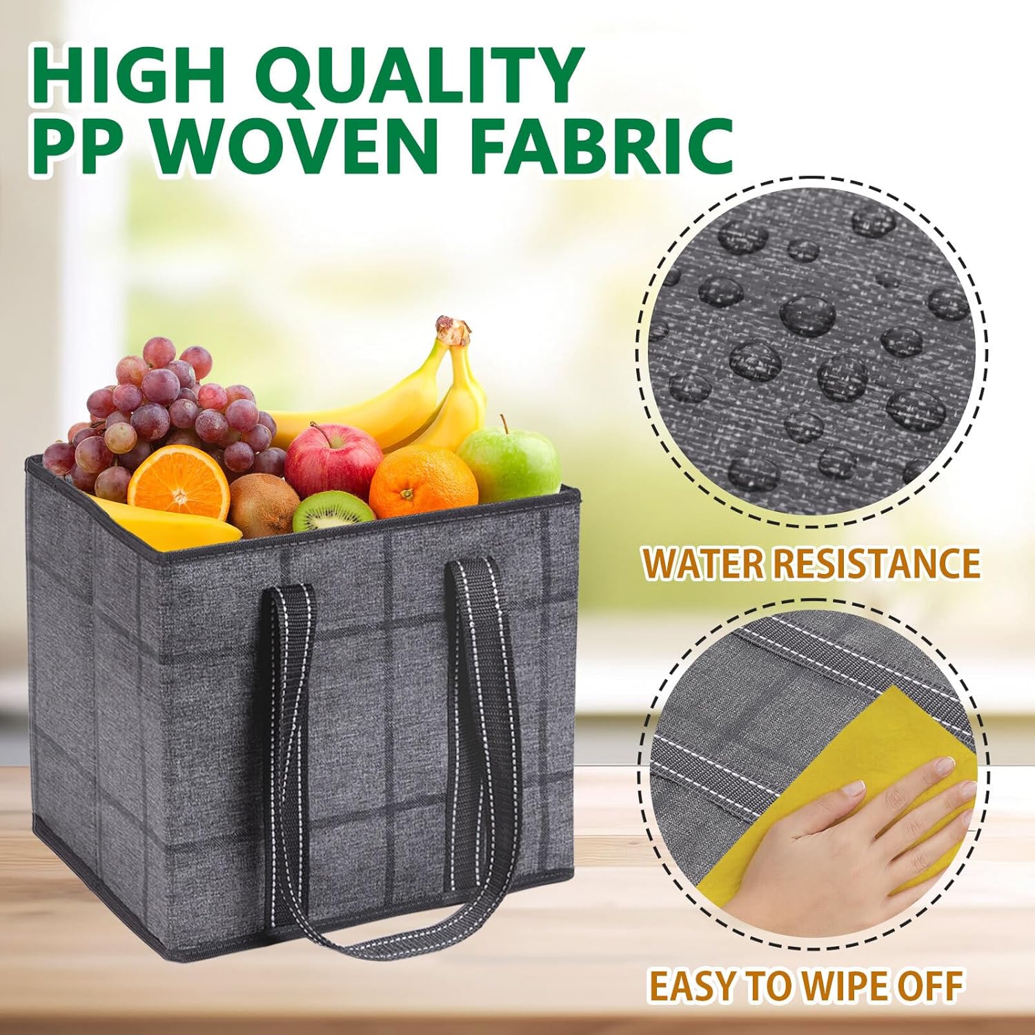 VENO Reusable Grocery Bags - Heavy-Duty Utility Tote with Handles & Hard Bottom | 3 Pack, Water Resistant, 6 Gallon