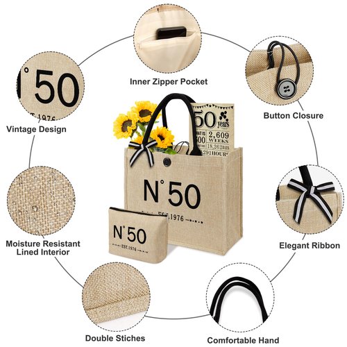YeohJoy 50th Birthday Gifts for Women Jute Tote Bag, Vintage N°50 Burlap Handbag with Cosmetic Bag and Back in 1976 Poster, Unique 50 Years Old Gifts for Mom Friends Wife Sister Her